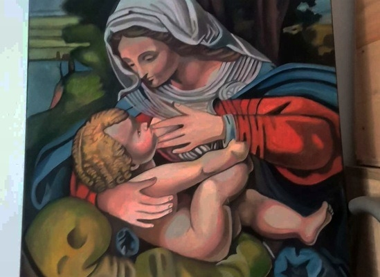 Sprzedam obraz malowany ręcznie - Matka boska karmiąca- 50 na 70 cm - Zdjęcie 1